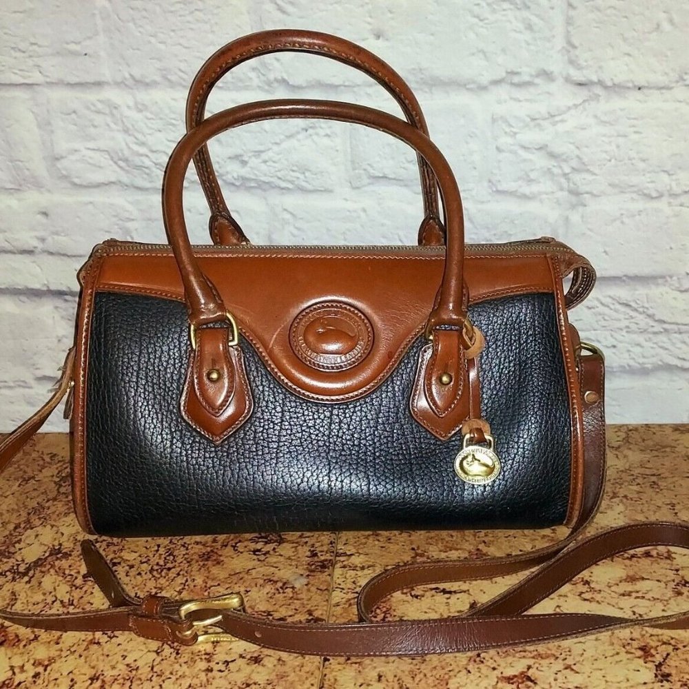Vintage Dooney & Bourke All Weather Leather Black & Brown Satchel Shoulder Bag